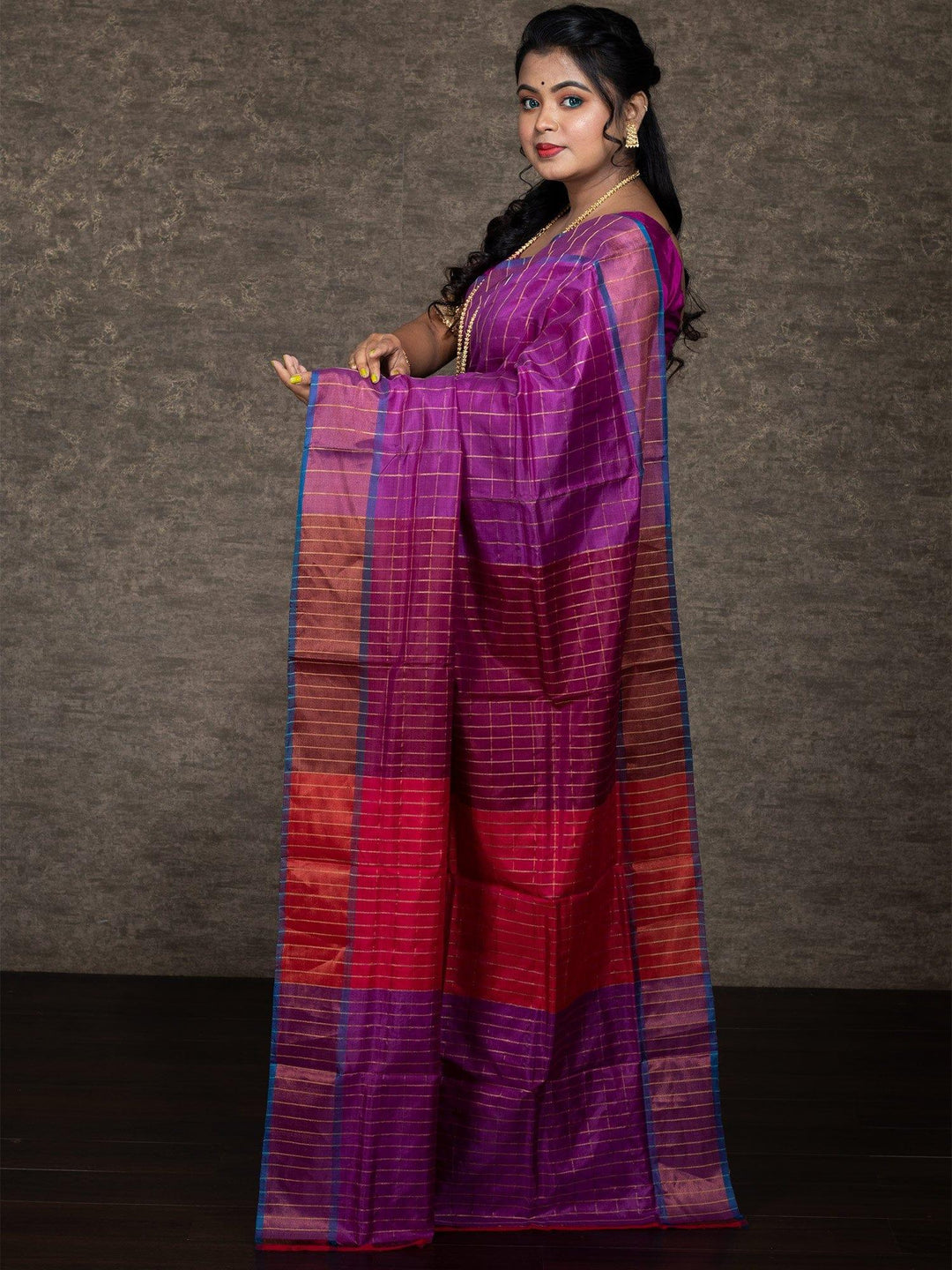 Elegant Woven Checks Bishnupuri Katan Silk Saree - WeaversIndia
