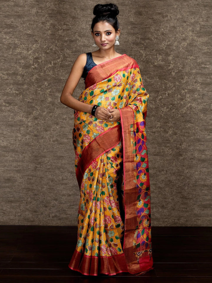 Elegant Yellow Allover Block Printed Tussar Silk Saree - WeaversIndia