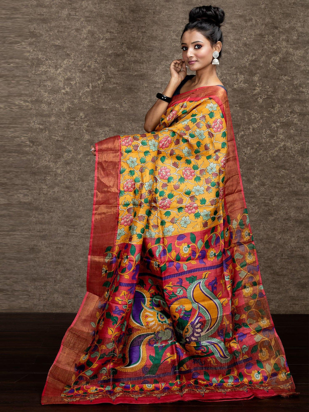 Elegant Yellow Allover Block Printed Tussar Silk Saree - WeaversIndia