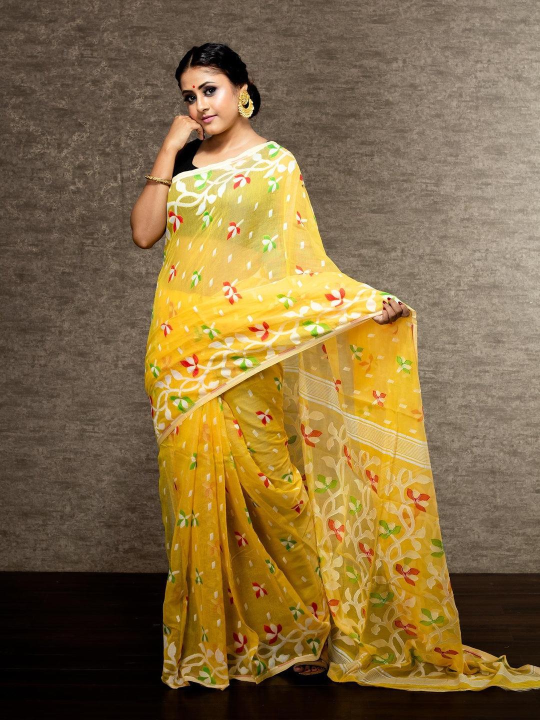 Elegant Yellow Allover Soft Dhakai Jamdani Saree - WeaversIndia