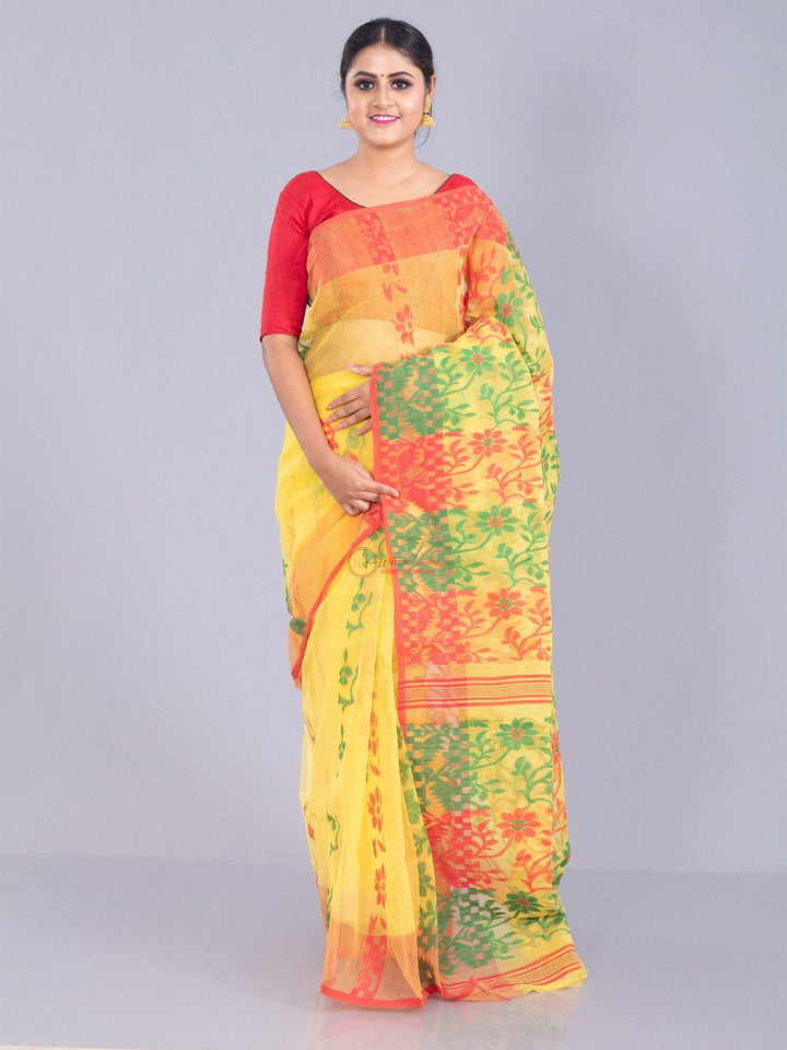 Elegant Yellow Allover Stif Dhakai Jamdani Saree - WeaversIndia