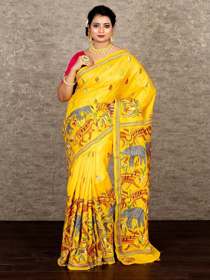 Elegant Yellow Figure Kantha Stitch Bangalore Silk Saree - WeaversIndia