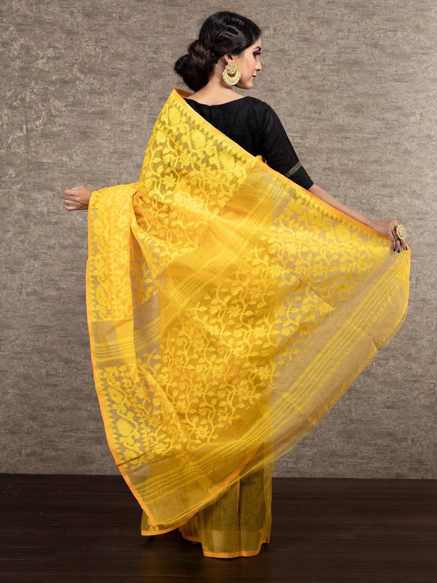 Muslin Silk Jamdani Saree in Bright Yellow, Gold Zari and Multicolored –  Bengal Looms India