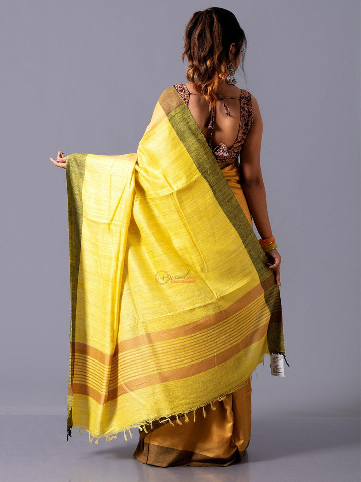 Excellent Mustred Yellow Mulbery Ghicha Silk Anchal Saree - WeaversIndia
