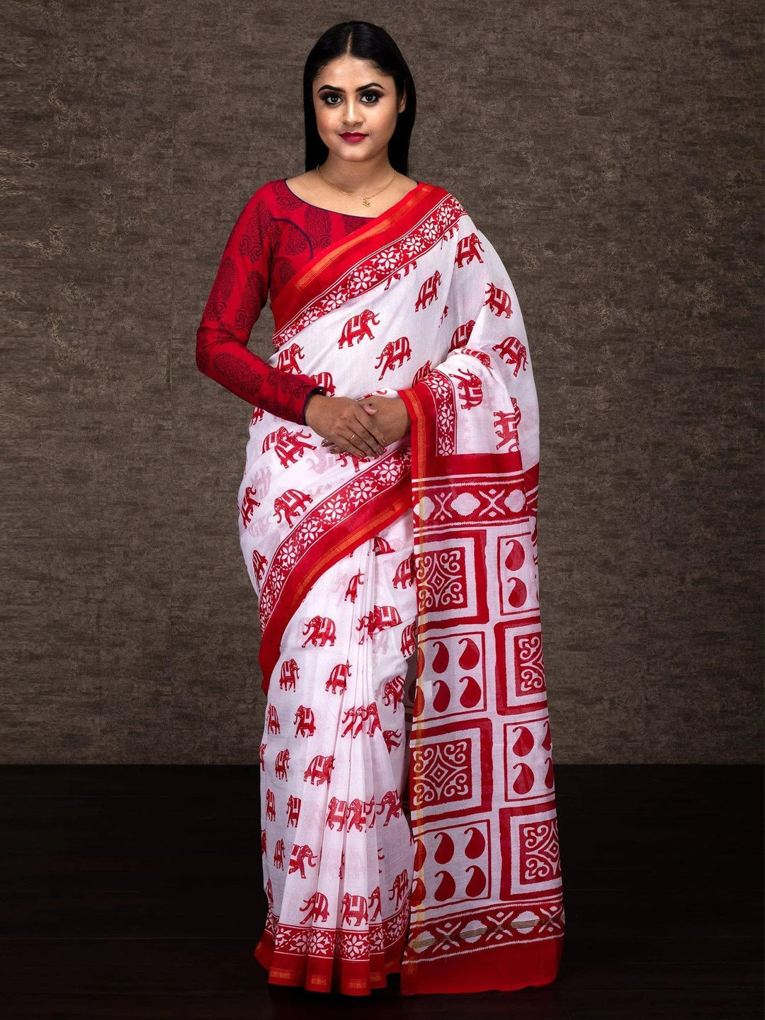 Exceptional Elephant Motif Printed Chanderi Silk Saree - WeaversIndia