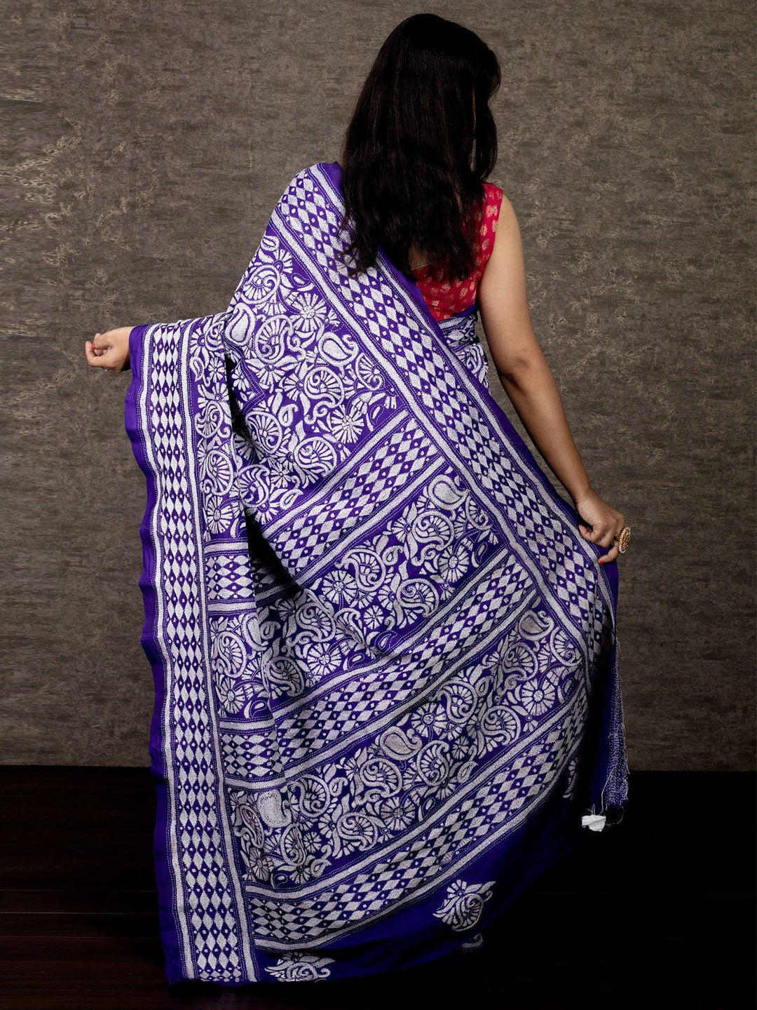 Fabulous Spanish Violet Kantha Stitch Bangalore Silk Saree - WeaversIndia