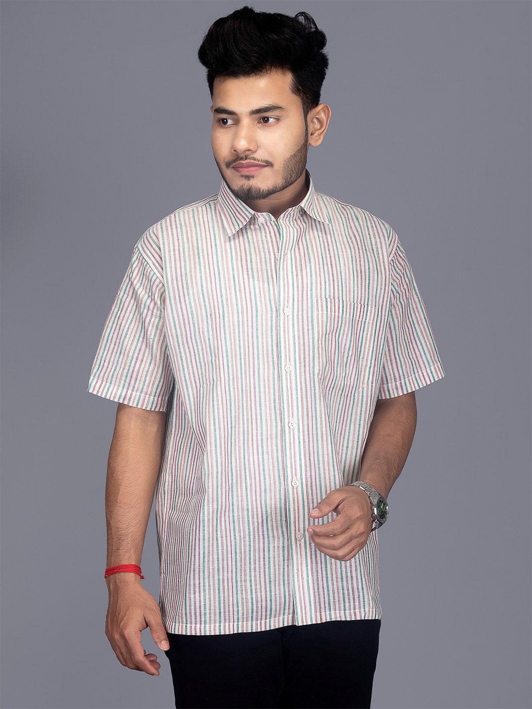Find Muslin Striped Regular Fit Men Shirt - WeaversIndia