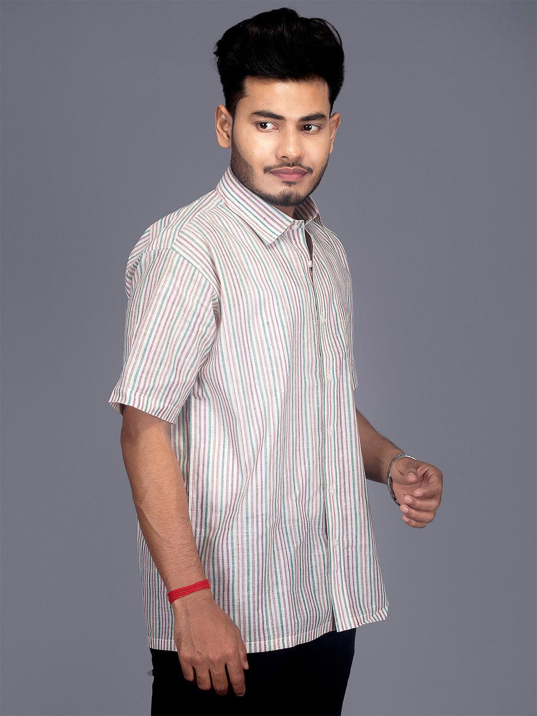 Find Muslin Striped Regular Fit Men Shirt - WeaversIndia