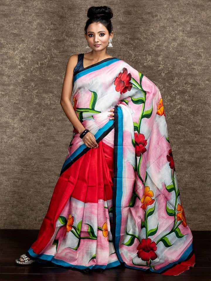 Flower Motif Par Anchal Hand Painted Murshidabad Silk Saree - WeaversIndia