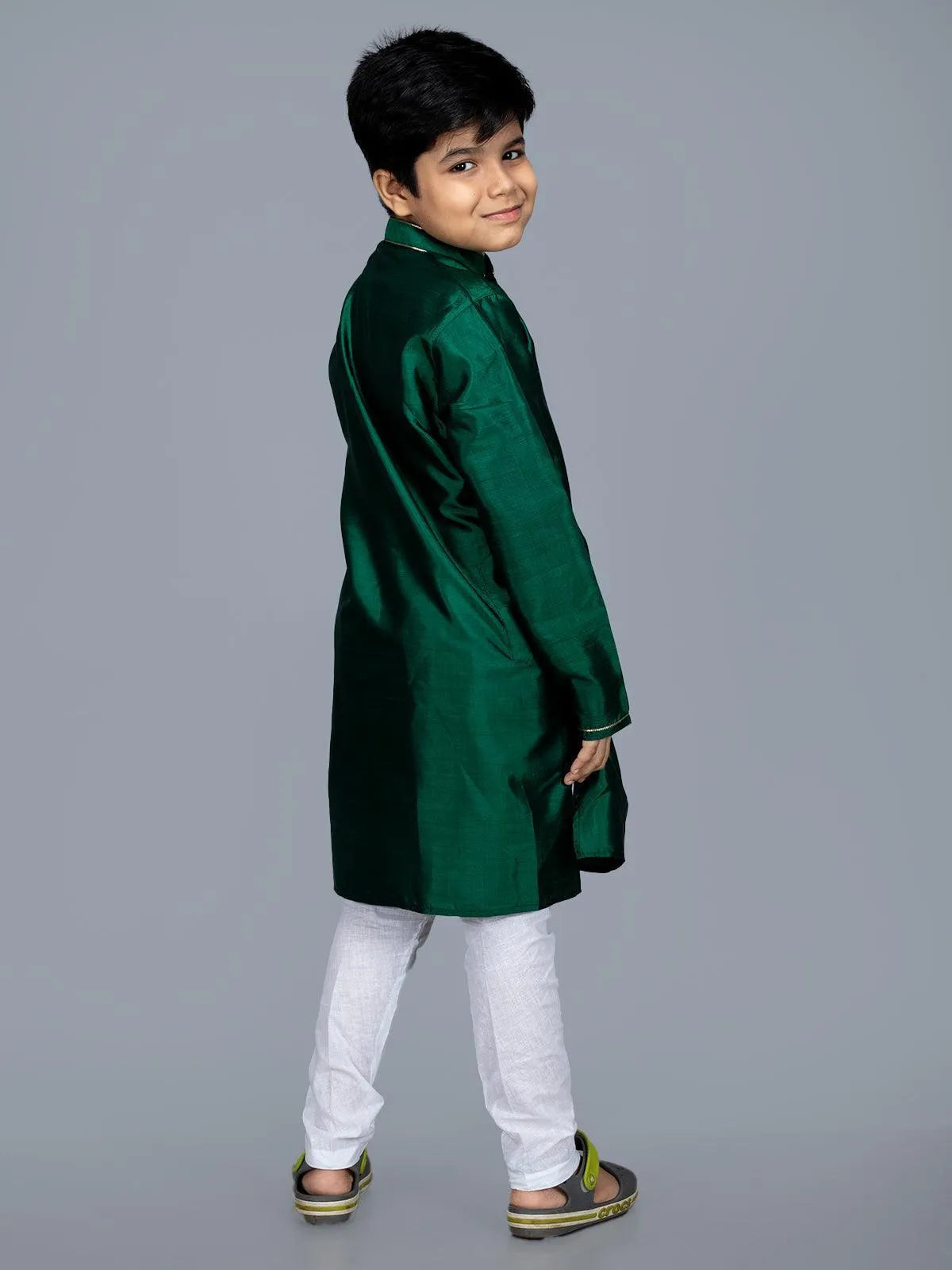 Bishnupuri Katan Silk Forest Green Boys Long Kurta - WeaversIndia