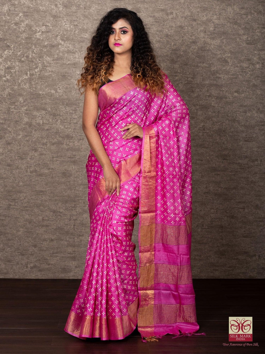 Frastbite Color Allover Block Printed Tussar Silk Saree - WeaversIndia