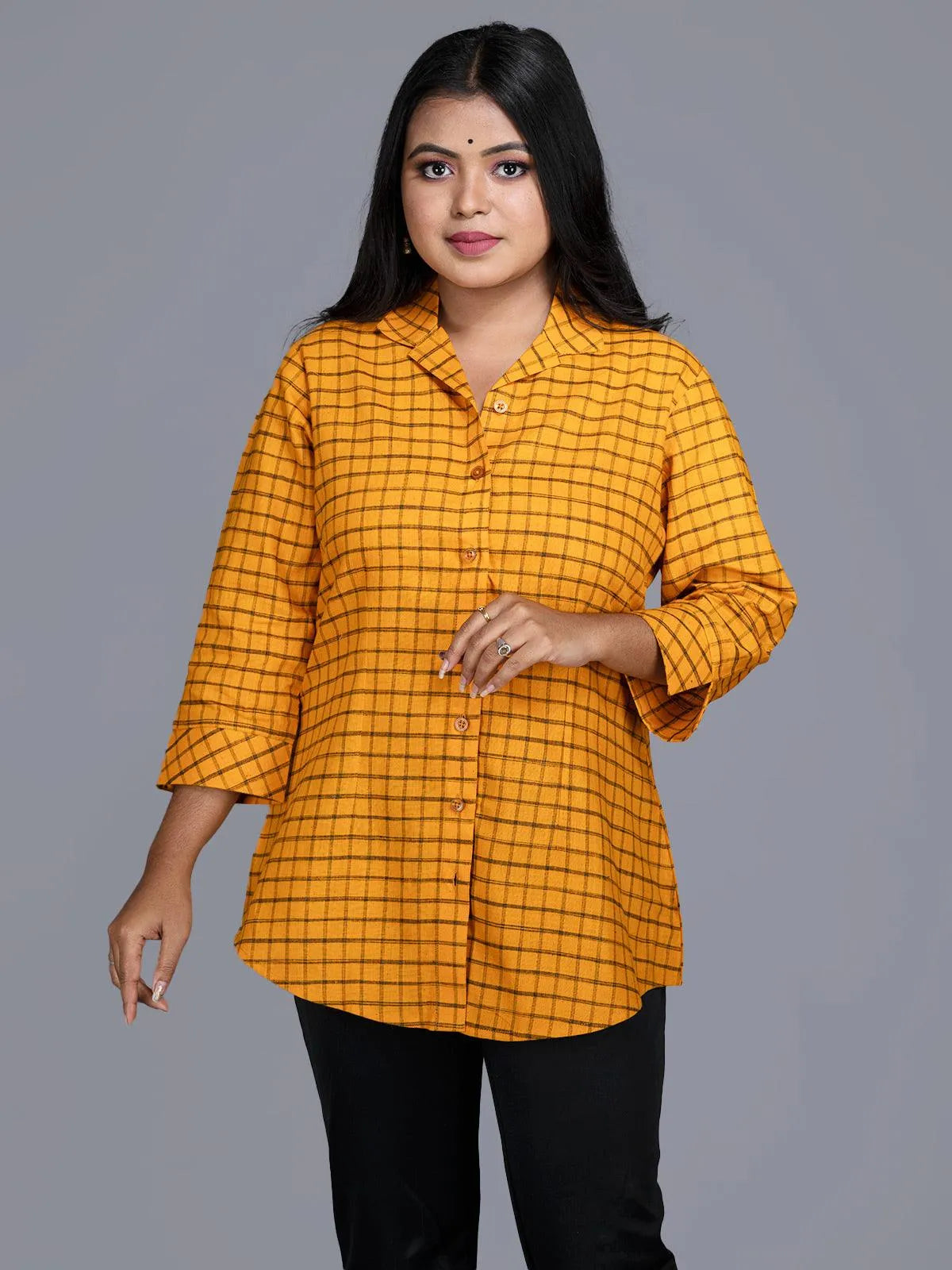 Fulvous Gamboge Colored Handwoven Check Cotton Shirt - WeaversIndia