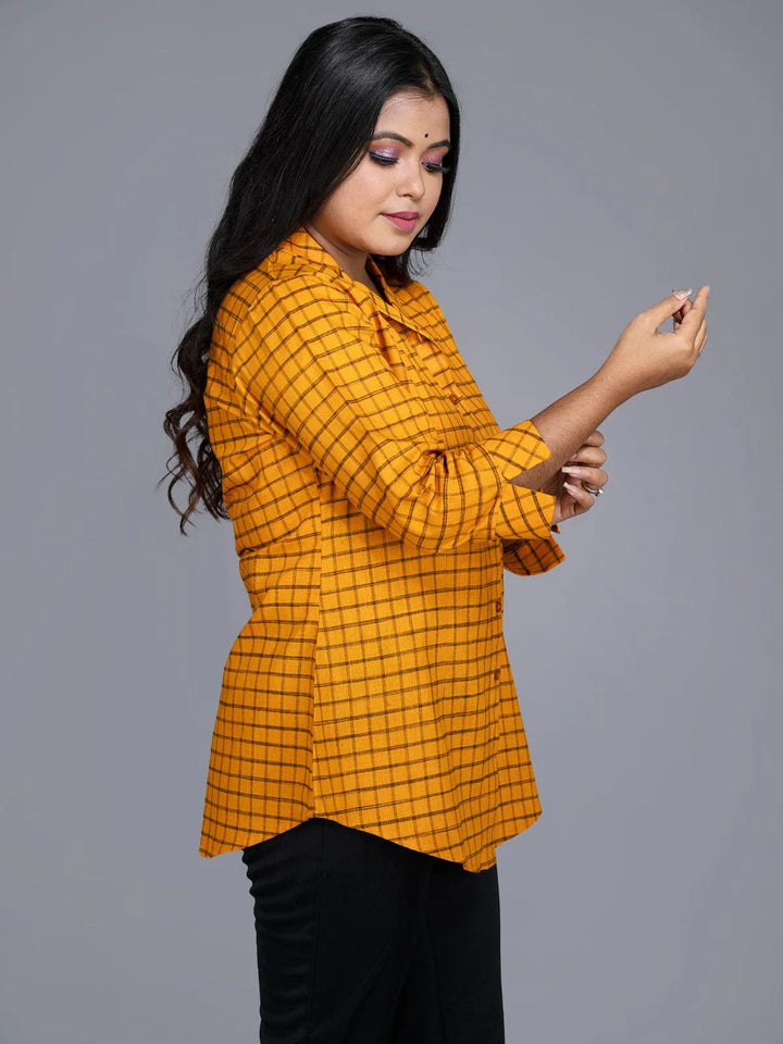 Fulvous Gamboge Colored Handwoven Check Cotton Shirt - WeaversIndia