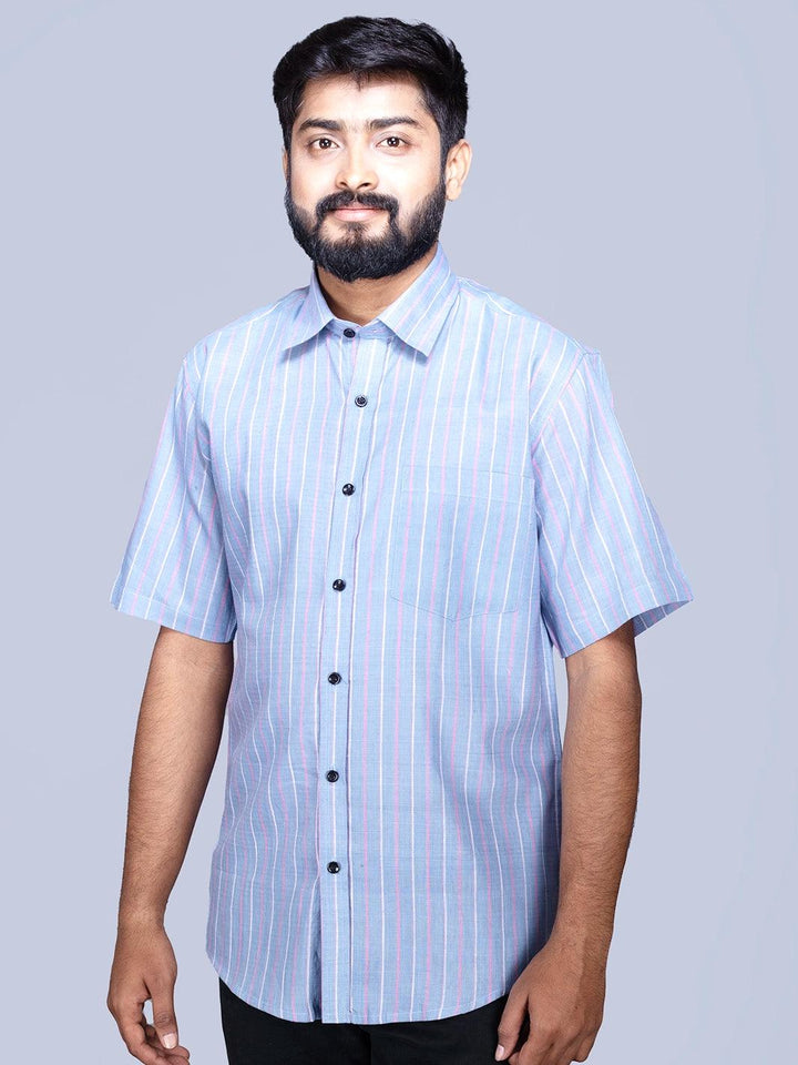 Glaucous Color Handwoven Organic Cotton Striped Casual Men Shirt - WeaversIndia
