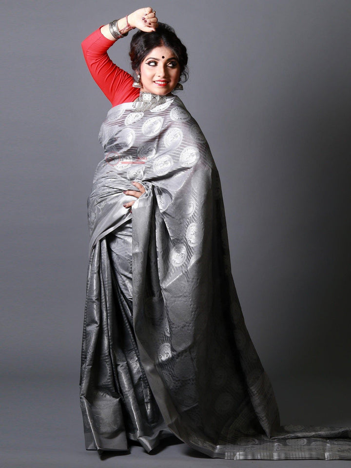 Gorgeous Still Grey Blend Linen Silk Saree - WeaversIndia