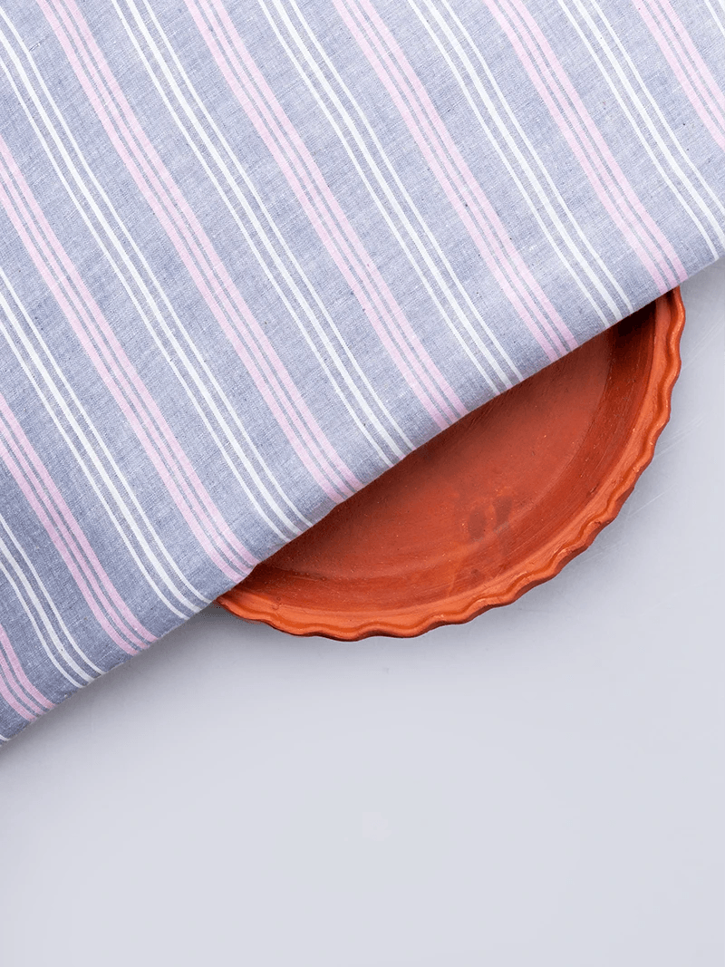 Gray Pink Striped Handwoven Organic Cotton Fabric 44 Inch Width - WeaversIndia