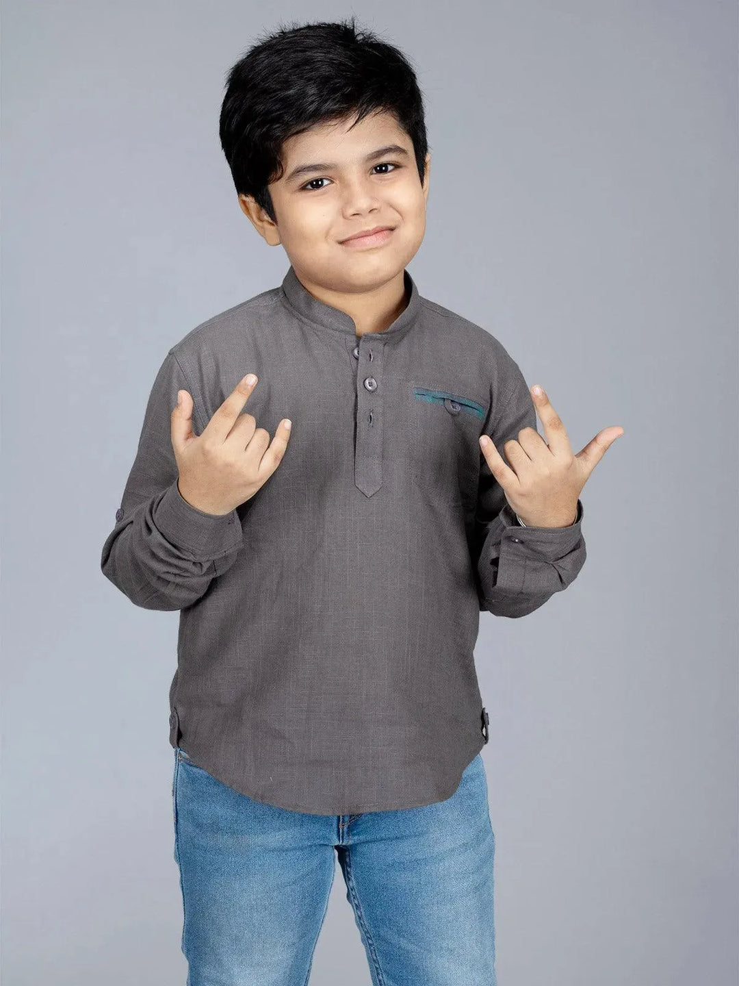 Gray Slab Cotton Boys Short Kurta - WeaversIndia