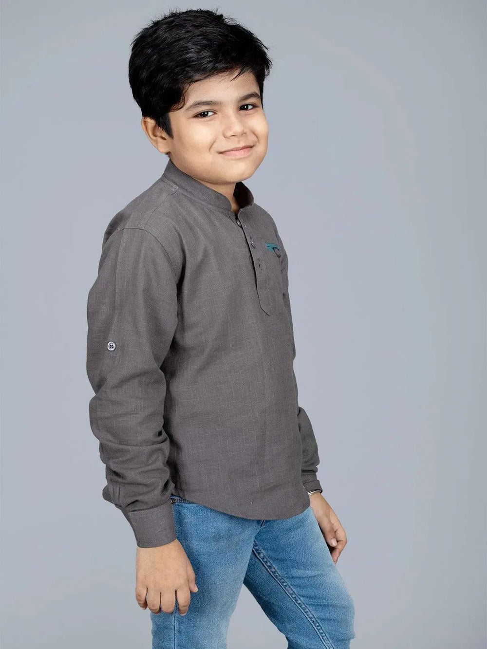 Gray Slab Cotton Boys Short Kurta - WeaversIndia