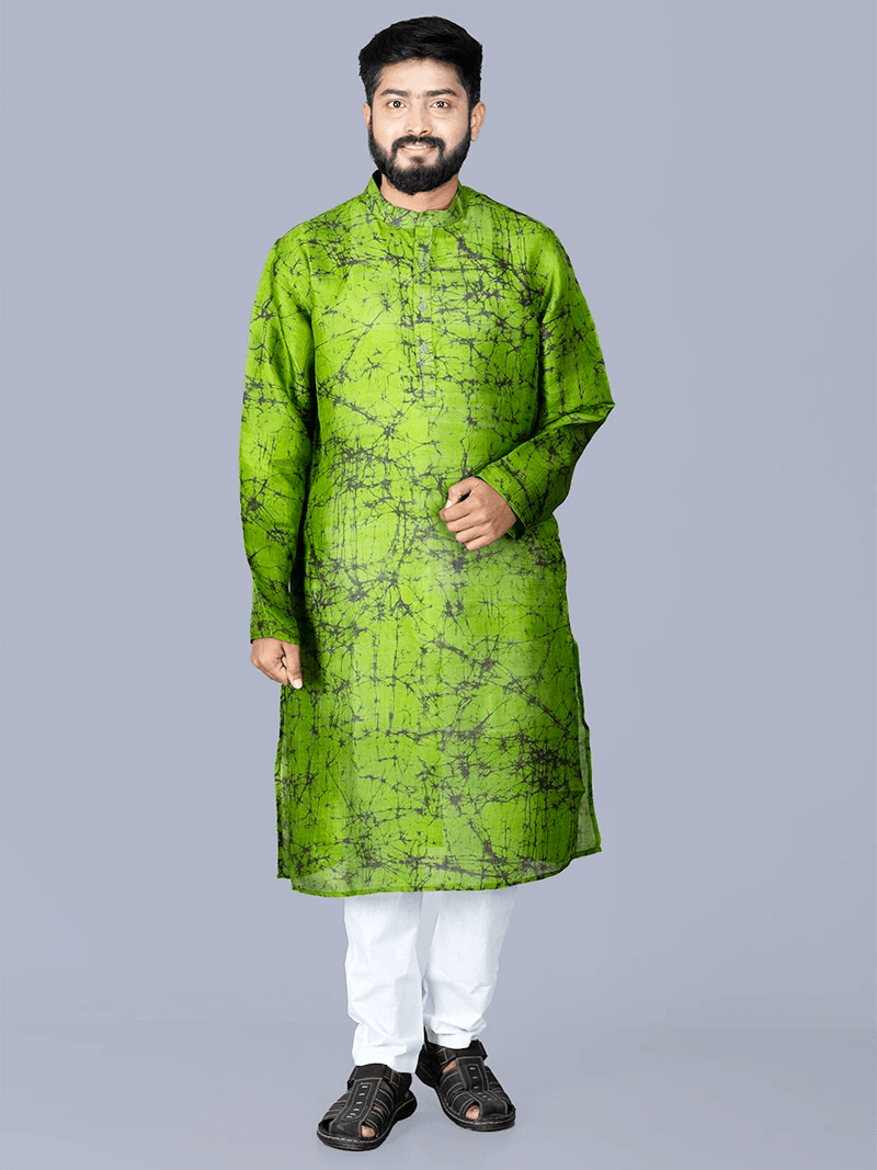 Green Batik Printed Pure Silk Men Kurta - WeaversIndia