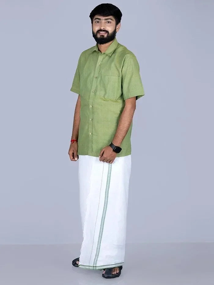 Green Border White Fine Muslin Dhoti 4.10 Meter - WeaversIndia