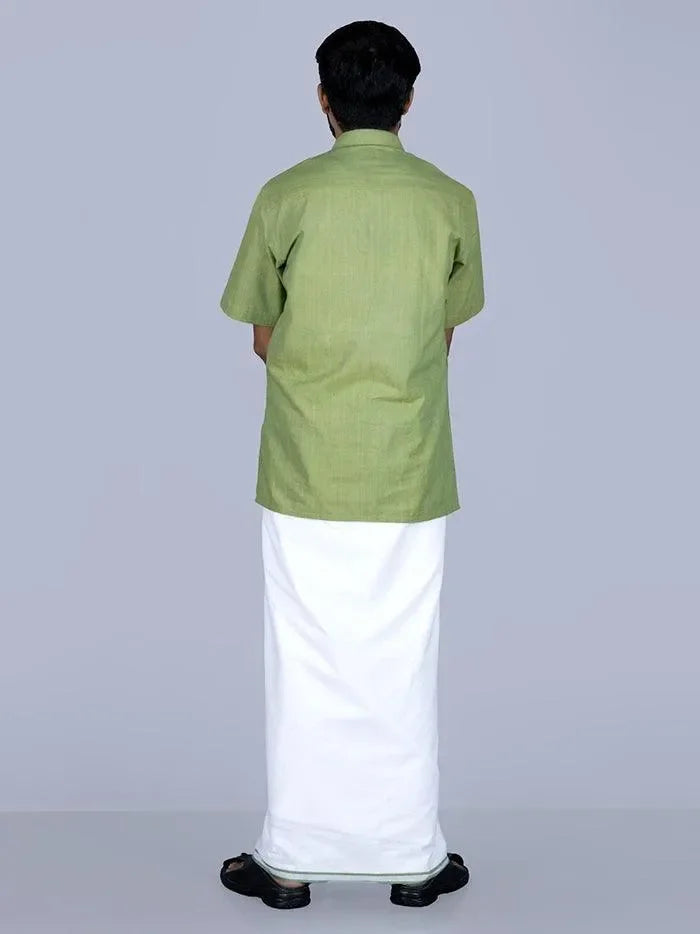Green Border White Fine Muslin Dhoti 4.10 Meter - WeaversIndia