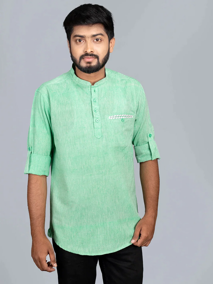 Green Handwoven Organic Cotton Men Short Kurta - WeaversIndia