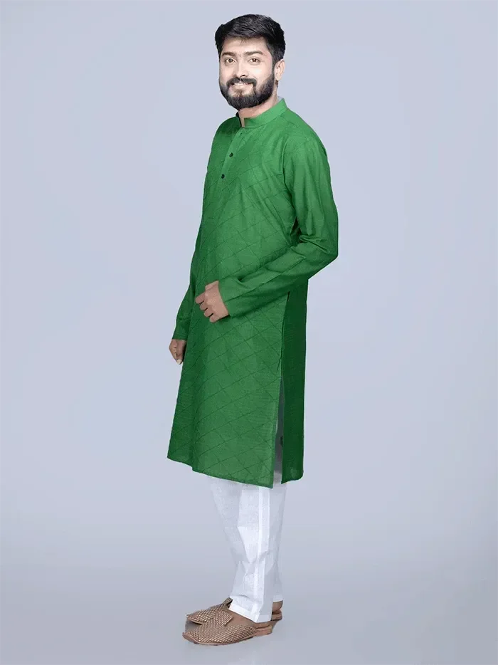 Bottle Green Pintucks Organic Cotton Men Kurta - WeaversIndia