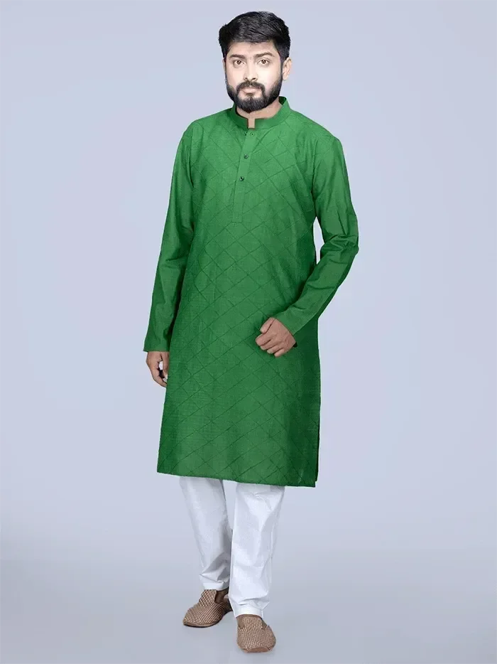 Bottle Green Pintucks Organic Cotton Men Kurta - WeaversIndia