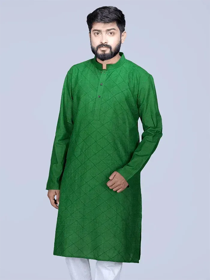 Bottle Green Pintucks Organic Cotton Men Kurta