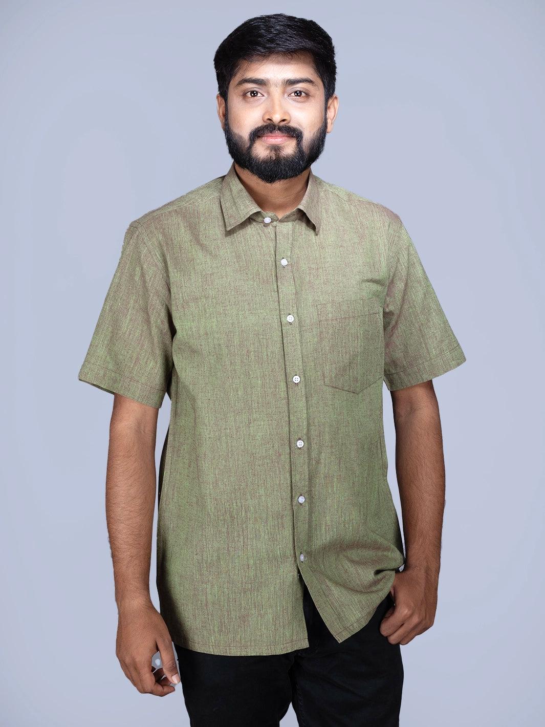 Green Maroon Dual Tone Organic Cotton Formal Men Shirt - WeaversIndia