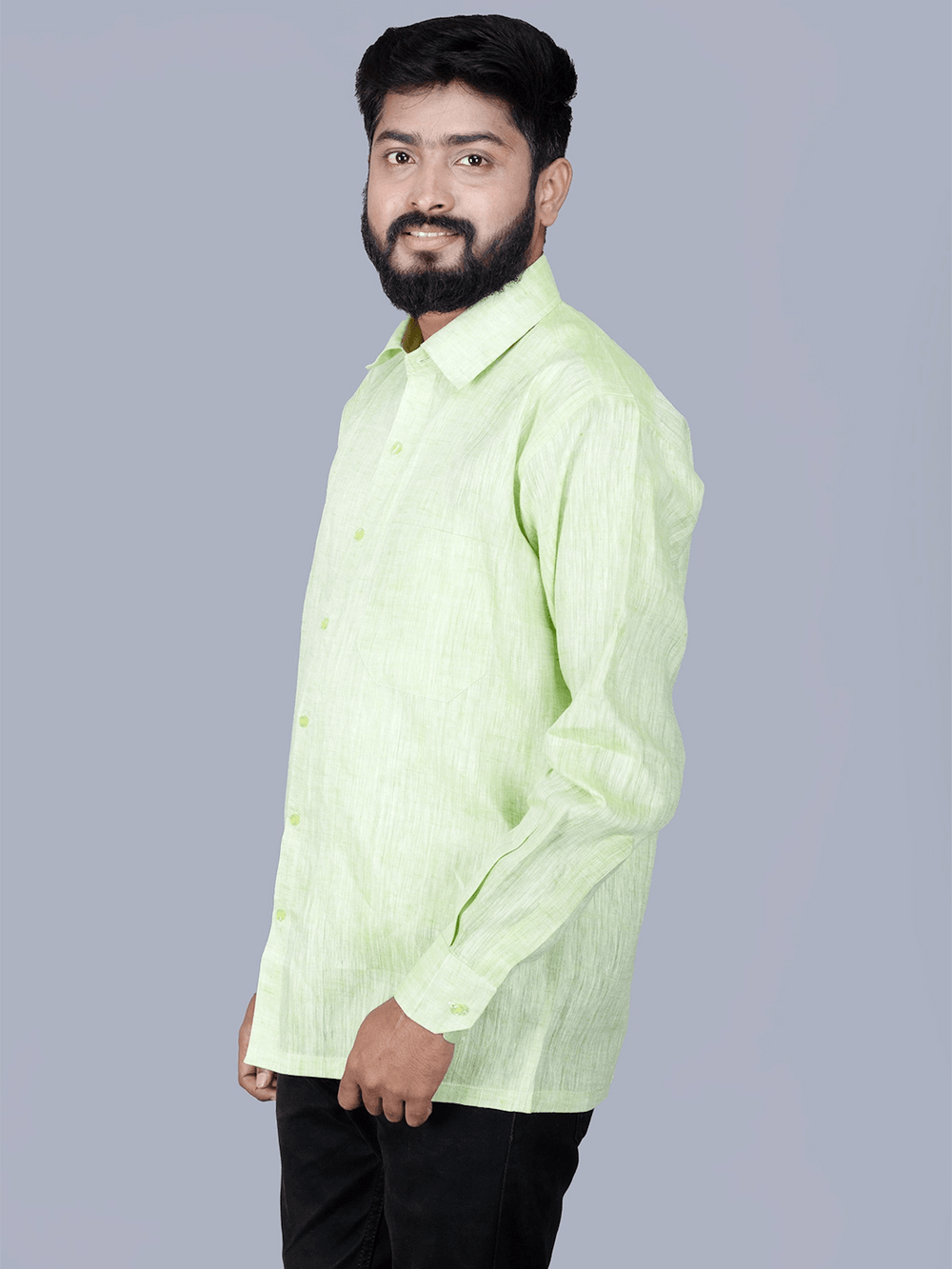 Green Solid Handwoven Linen Men Full Sleeves Shirt - WeaversIndia