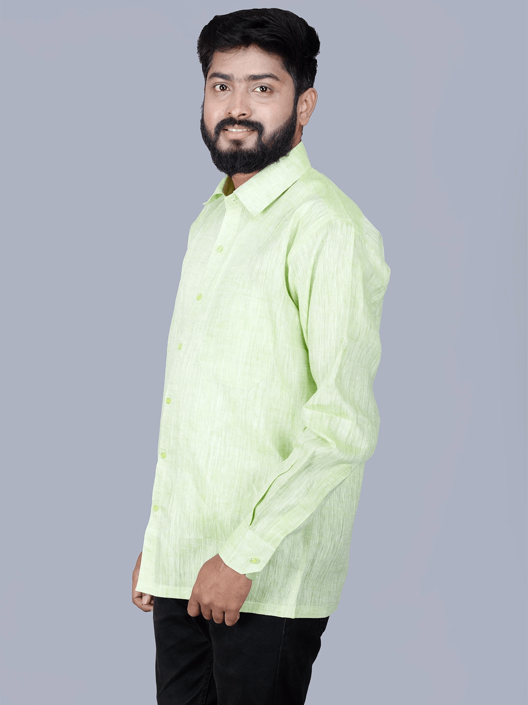 Green Solid Handwoven Linen Men Full Sleeves Shirt - WeaversIndia