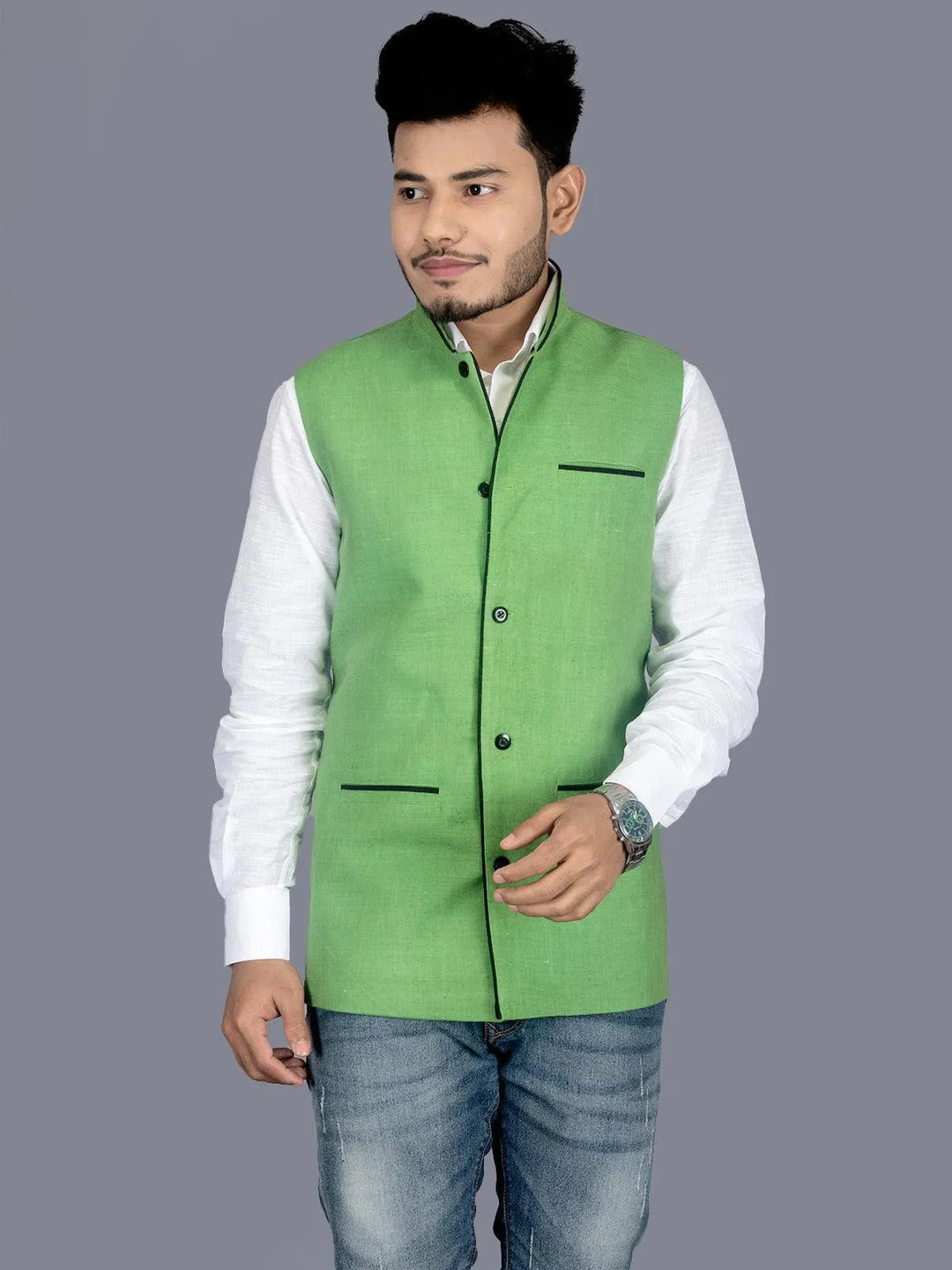 Green Solid Matka Silk Modi Jacket - WeaversIndia