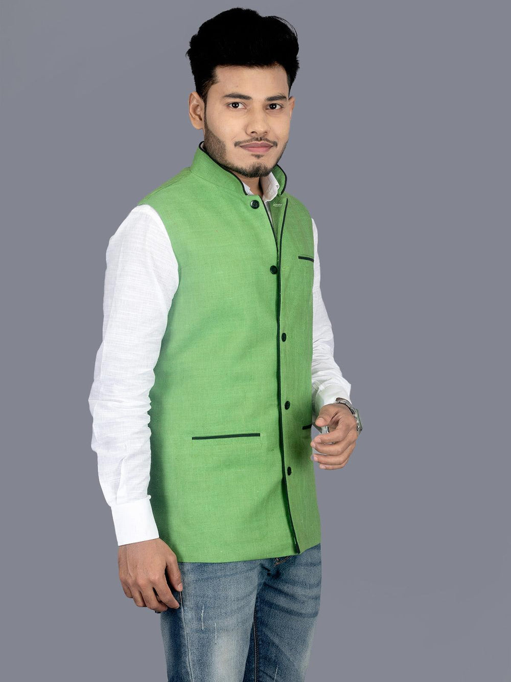 Green Solid Matka Silk Modi Jacket - WeaversIndia