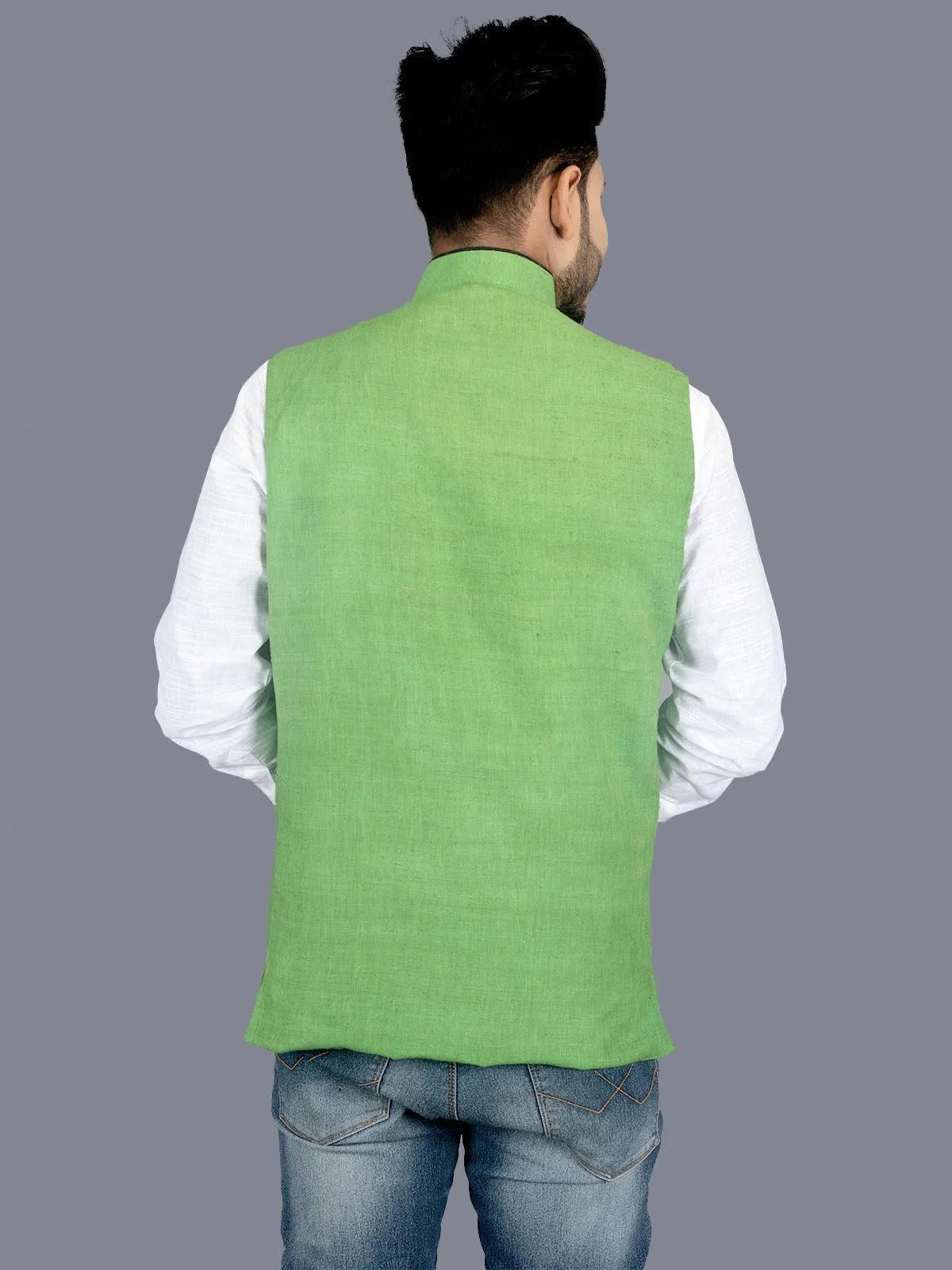 Green Solid Matka Silk Modi Jacket - WeaversIndia
