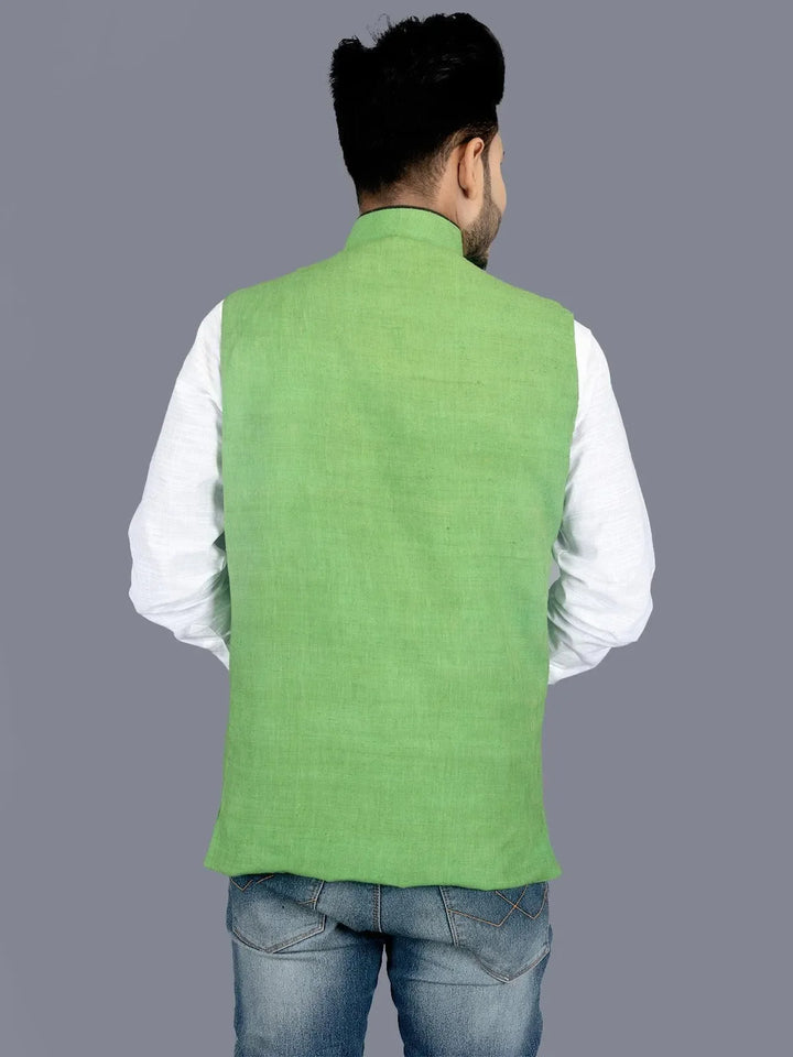 Green Solid Matka Silk Modi Jacket - WeaversIndia