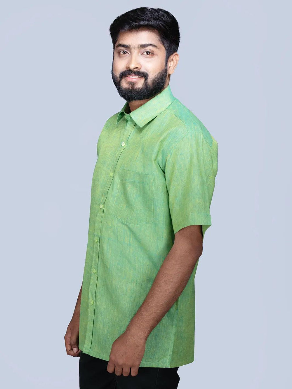 Green Yellow Handwoven Organic Cotton Formal Men Shirt - WeaversIndia