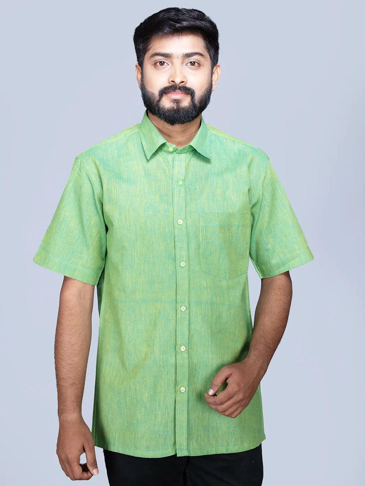 Green Yellow Handwoven Organic Cotton Formal Men Shirt - WeaversIndia