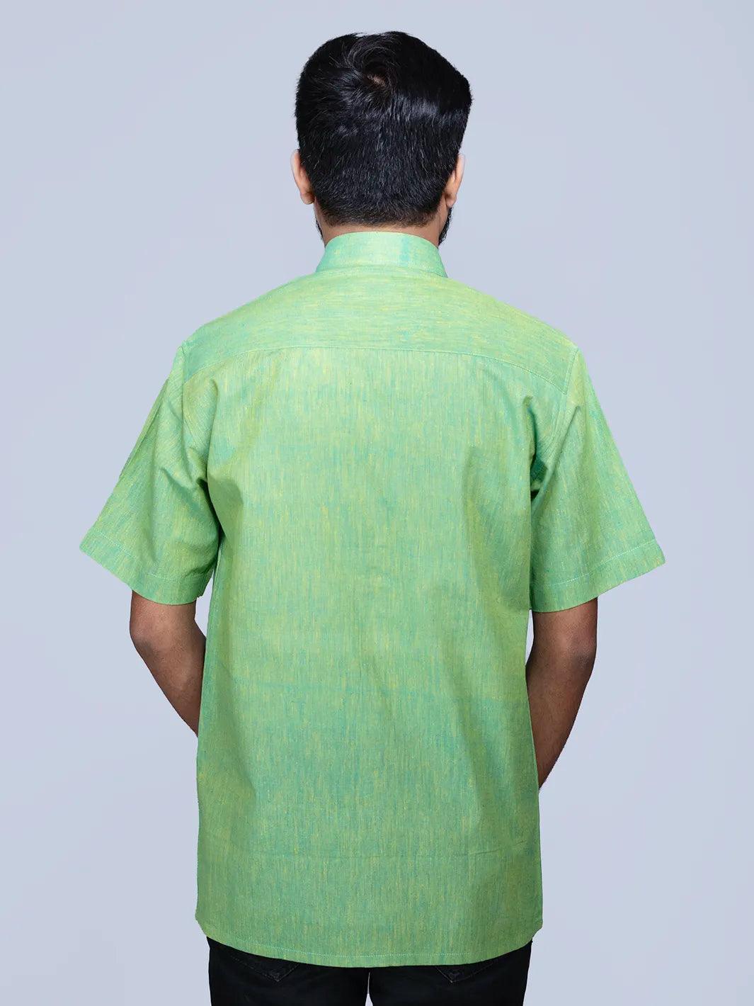 Green Yellow Handwoven Organic Cotton Formal Men Shirt - WeaversIndia