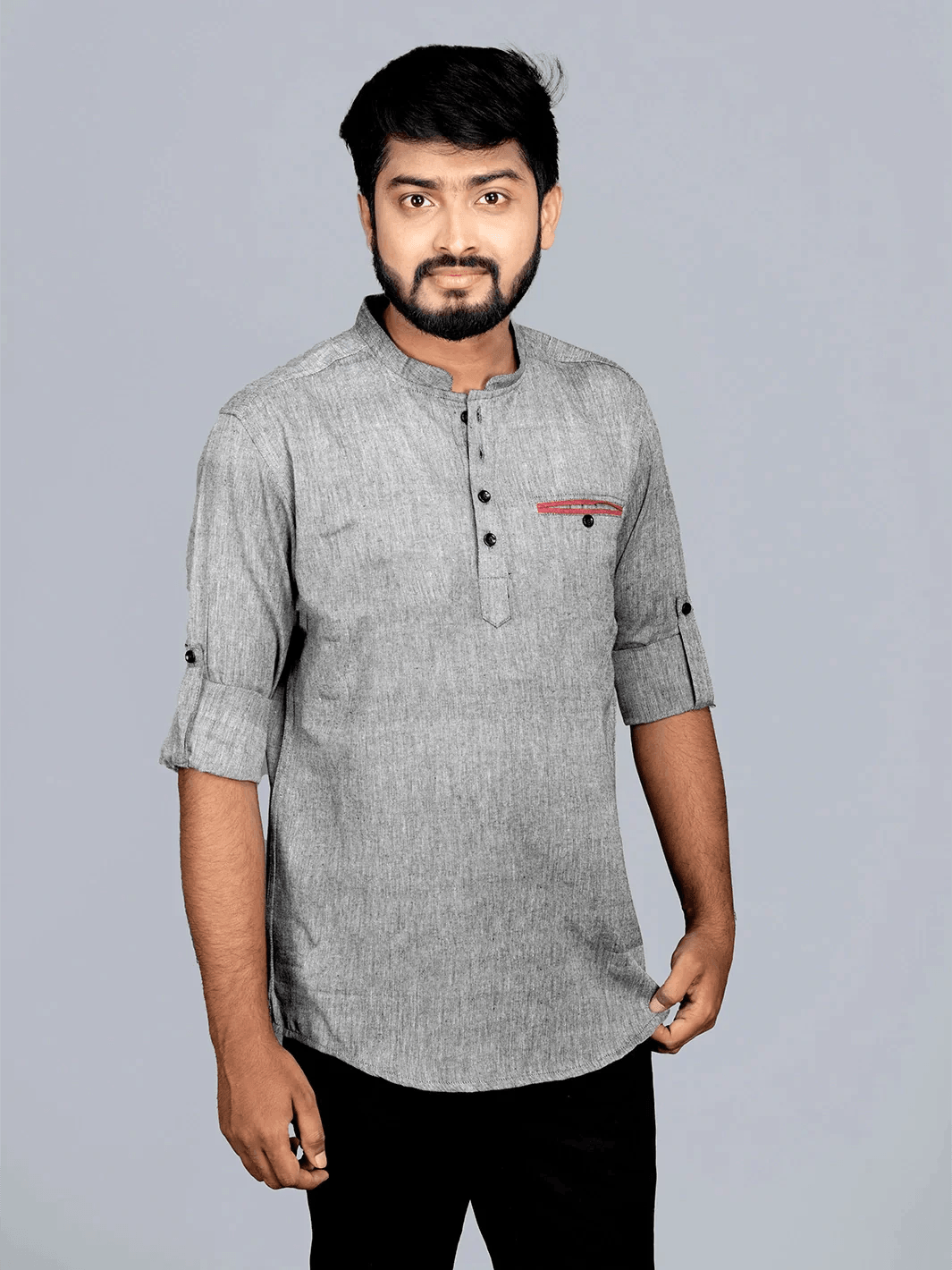 Grey Organic Cotton Men Short Kurta - WeaversIndia