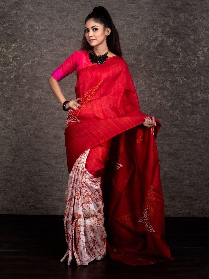 Half Half Batik Printed Murshidabad Silk Saree - WeaversIndia