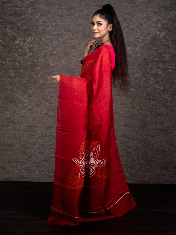 Half Half Batik Printed Murshidabad Silk Saree - WeaversIndia