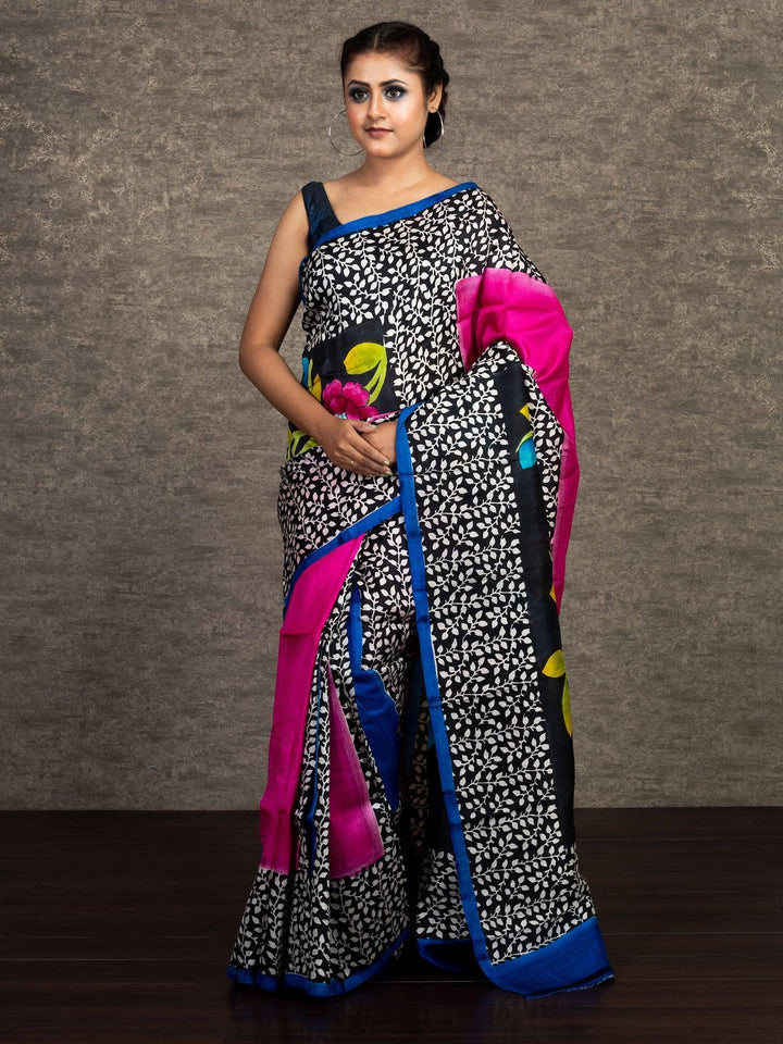 Half Half Block Printed Murshidabad Silk Saree - WeaversIndia