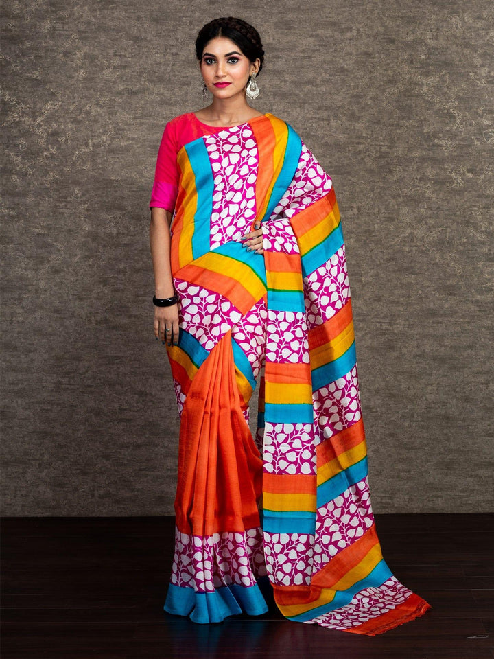 Half Half Block Printed Murshidabad Silk Saree - WeaversIndia
