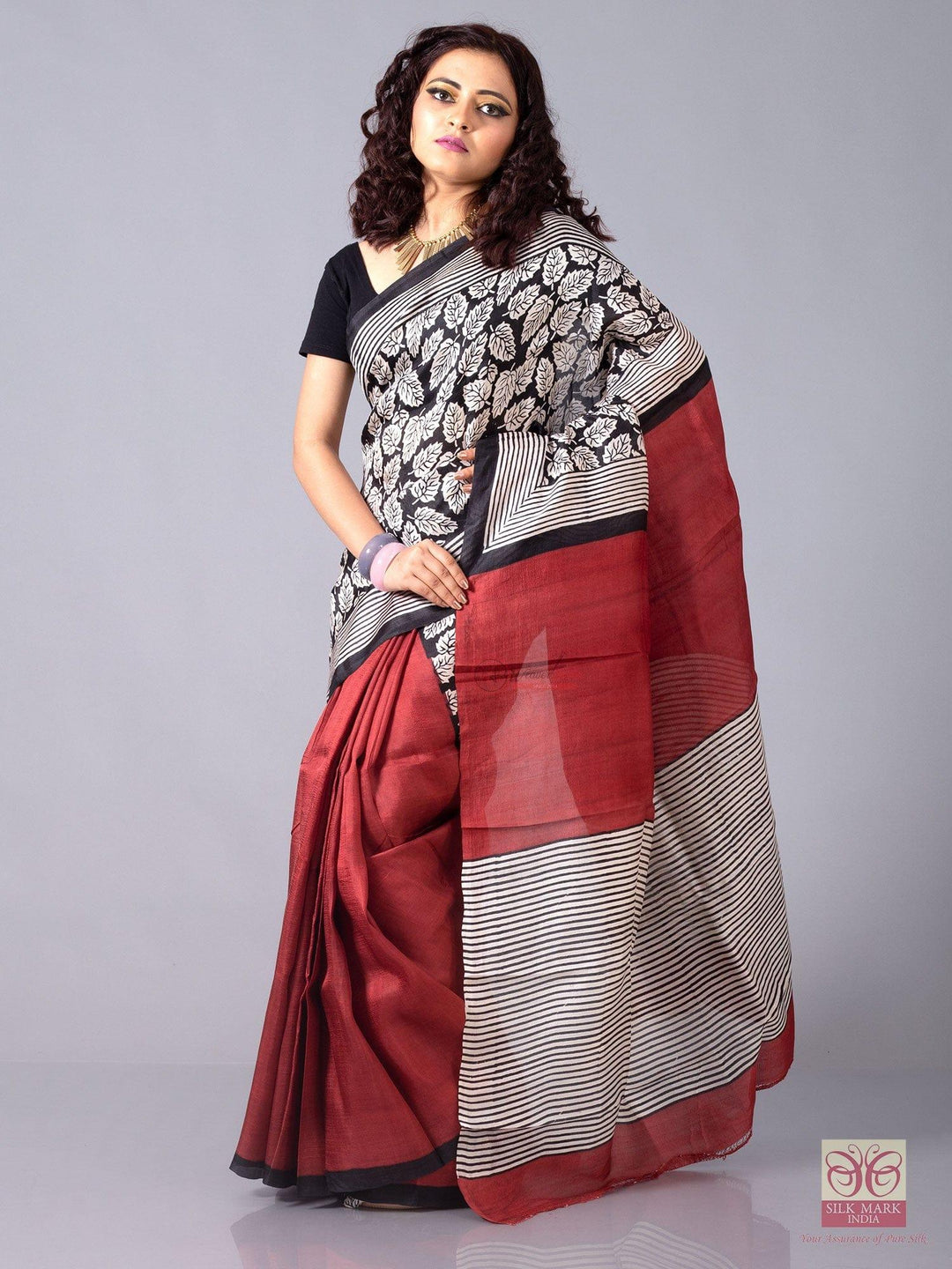 Half Half Block Printed Murshidabad Silk Saree - WeaversIndia