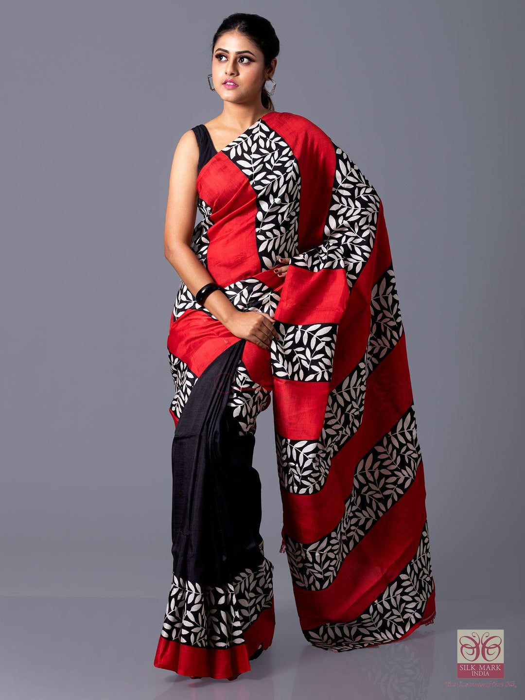 Half Half Block Printed Murshidabad Silk Saree - WeaversIndia