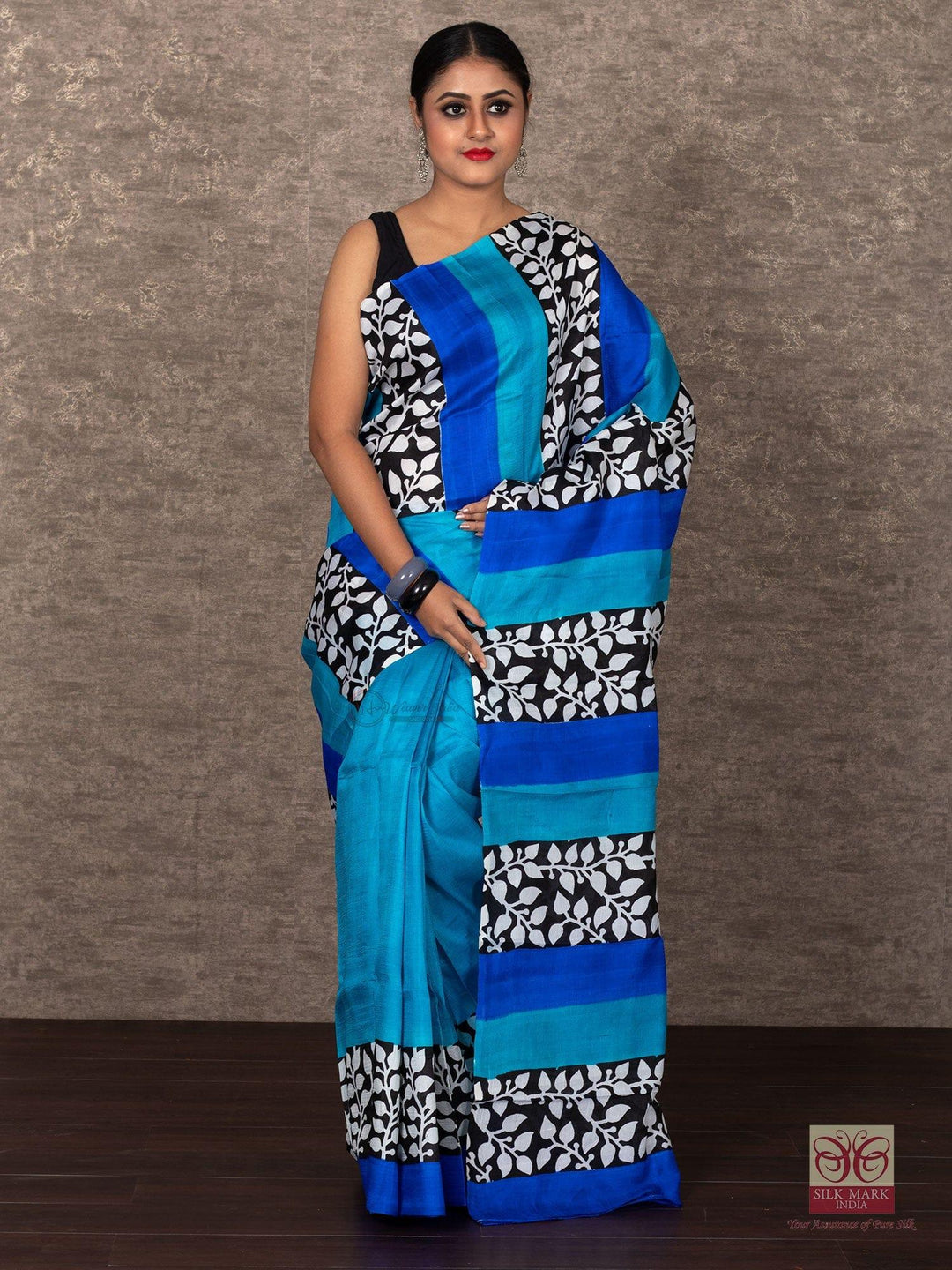 Half Half Block Printed Murshidabad Silk Saree - WeaversIndia