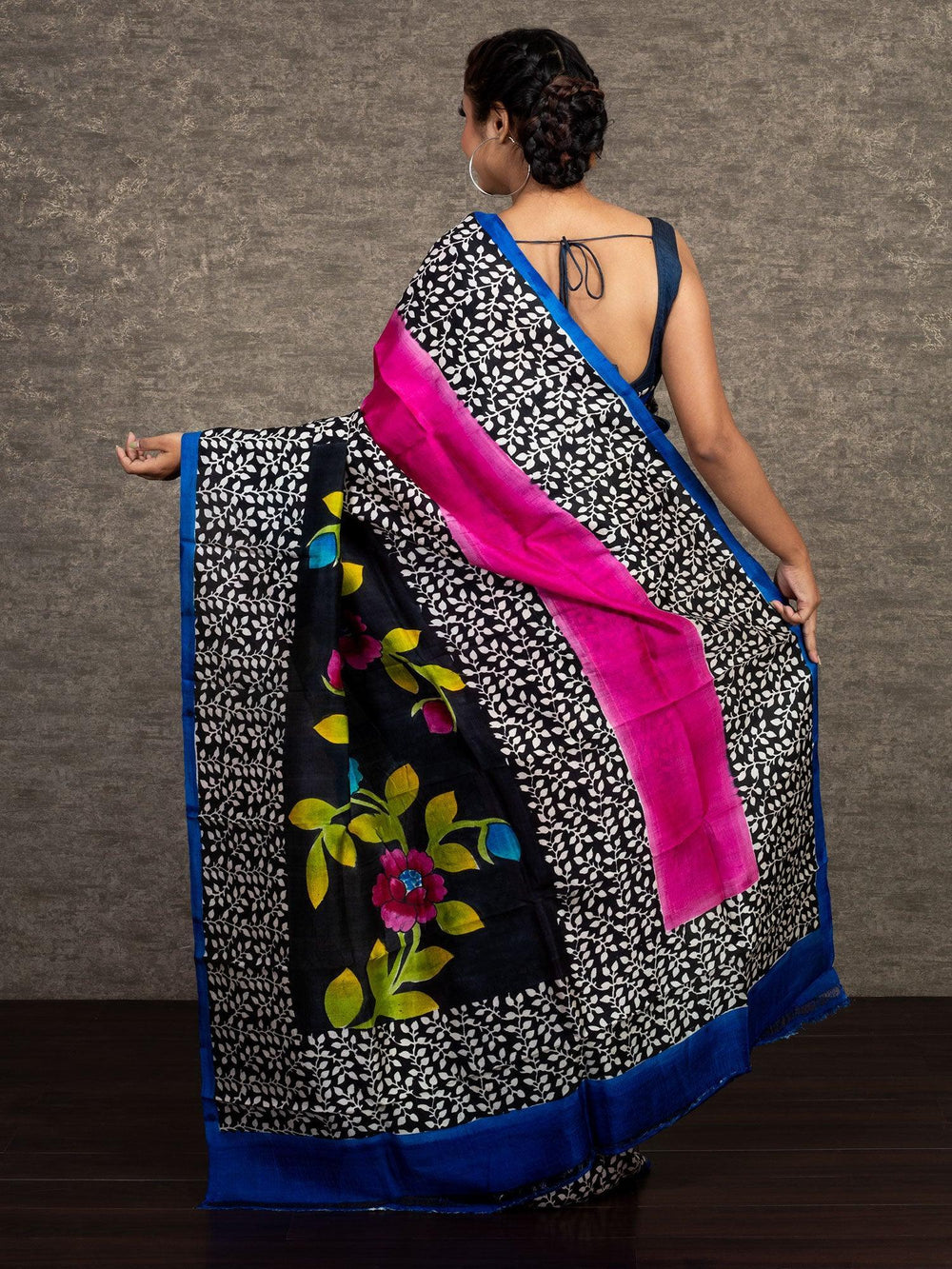 Half Half Block Printed Murshidabad Silk Saree - WeaversIndia