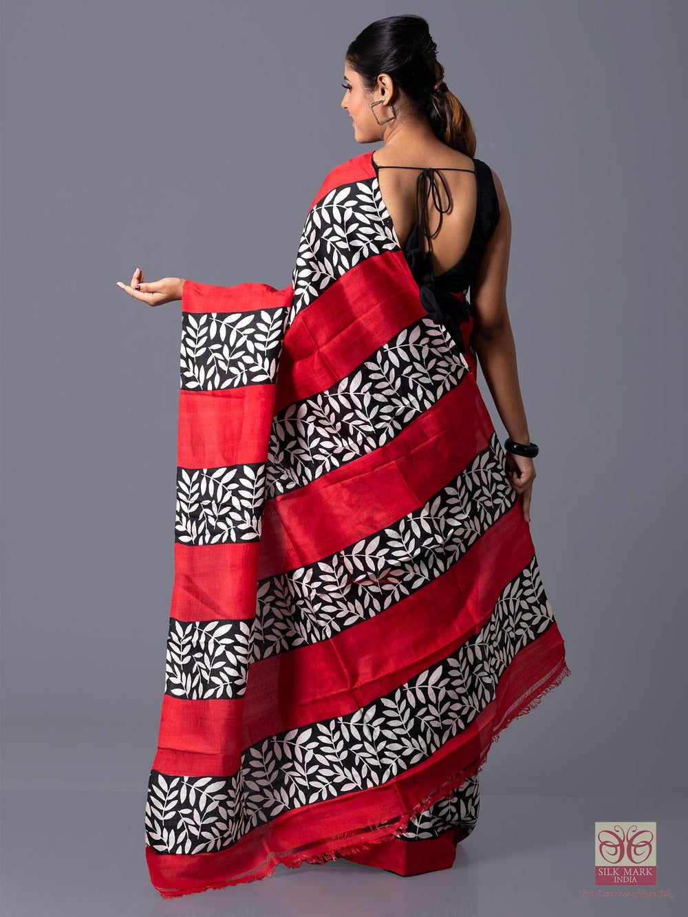 Half Half Block Printed Murshidabad Silk Saree - WeaversIndia