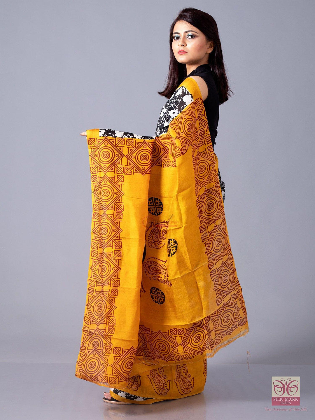 Half Half Block Printed Murshidabad Silk Saree - WeaversIndia
